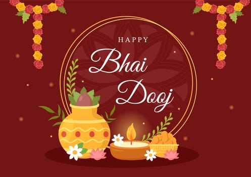 Happy Bhai Dooj Indian Festival Celebration Hand Drawn Cartoon Illustration of Sisters Pray for Brothers Protection with a Dot on His Forehead