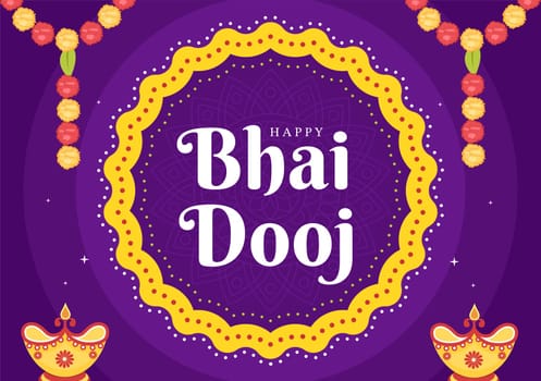 Happy Bhai Dooj Indian Festival Celebration Hand Drawn Cartoon Illustration of Sisters Pray for Brothers Protection with a Dot on His Forehead
