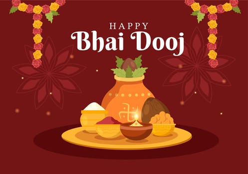 Happy Bhai Dooj Indian Festival Celebration Hand Drawn Cartoon Illustration of Sisters Pray for Brothers Protection with a Dot on His Forehead
