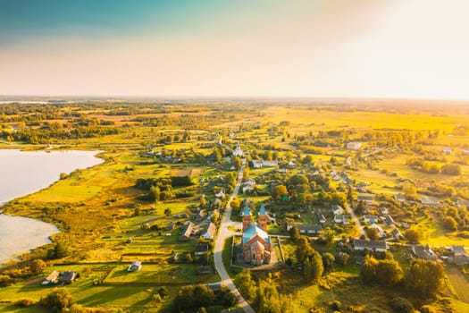 Ikazn, Braslaw District, Vitebsk Voblast, Belarus. Aerial View Of Church of the Body of God.