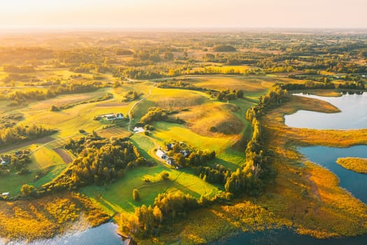 Braslaw Or Braslau, Vitebsk Voblast, Belarus. Aerial View Of Peninsula Maskovichi Near Nedrava Lake. Landscape In Sunny Morning. Top View Of Beautiful European Nature From High Attitude. Bird's Eye View. Famous Lakes. Natural Landmarks.