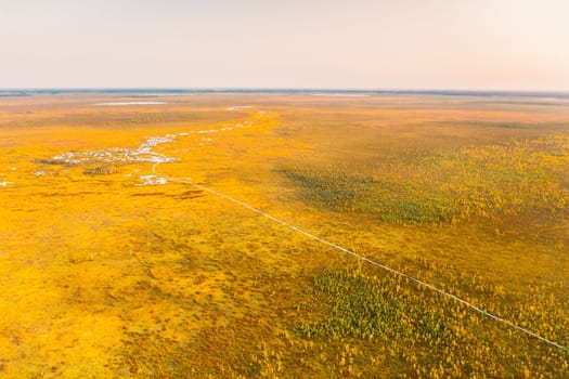 Miory District, Vitebsk Region, Belarus. The Yelnya Swamp. Aerial View Of Yelnya Nature Reserve Landscape. Narrow Wooden Hiking Trail Winding Through Marsh. Cognitive Boardwalk Trail Over A Wetland.