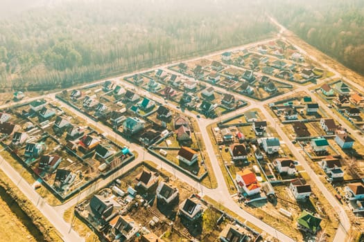 Gomel, Belarus. Aerial Bird's-eye View Of Suburb Cityscape Skyline In Sunny Spring Day.