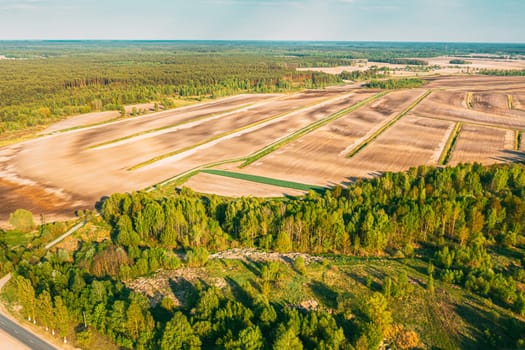 Aerial View Spring Empty Field With Windbreaks Landscape. Top View Of Field And Forest Belt. Drone View Bird's Eye View. A Windbreak Or Shelterbelt Is A Planting Usually To Protect Soil From Erosion