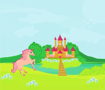 Fairytale landscape with  magic castle and pink unicorn