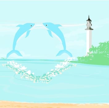 lighthouse seen from a tiny beach and dolphins