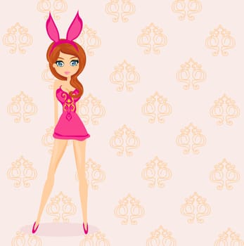 Beautiful pin-up girl-bunny in retro style on the abstract background