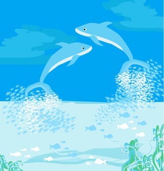 two dolphins jumping out of water