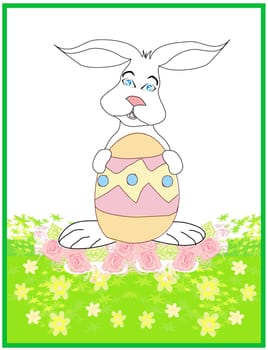 Illustration of happy Easter bunny carrying egg