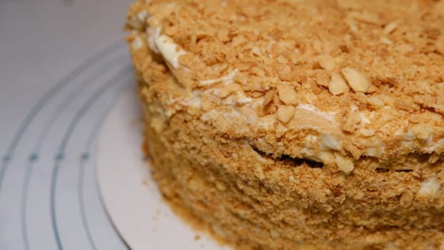 Classic Russian cake Napoleon. selective focus, moving camera right.