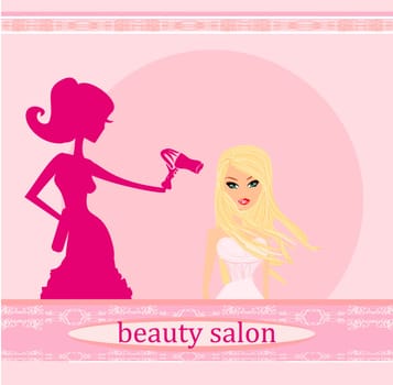 stylist drying woman hair in hairdresser salon