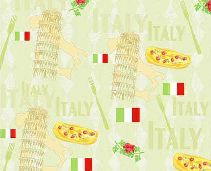 Italy travel seamless pattern with national italian food, sights, map and flag