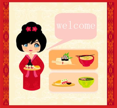 sweet girl enjoy sushi - foods set
