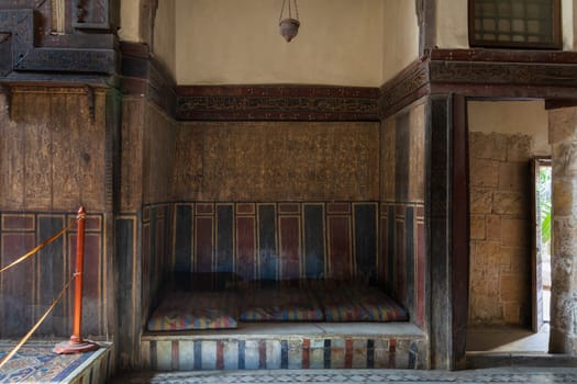 Built-in bench - couch - at historical El Sehemy house, an old Ottoman era house located in Gamalia district, Cairo, Egypt, built in 1648