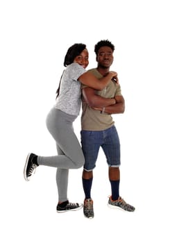 A full body picture of a young African American couple standing isolated.for white background..