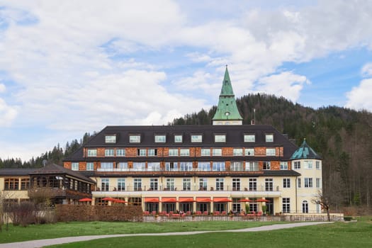 Klais, Germany - April 26, 2015: Backyard of hotel Elmau Schloss. The 41st conference of G7 summit will be held in these luxury residence on June 7â€“8, 2015.