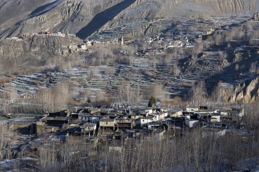 Local houses at Muktinath village in lower Mustang district, Nepal. This photo was shot in early morning..Area was cover by snow.