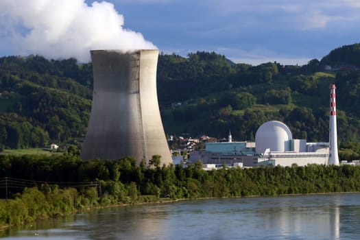 Leibstadt nuclear power plant / Switzerland (CH) viewed from Waldshut by the German side