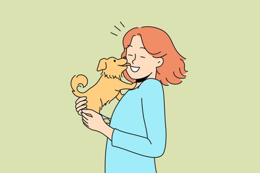 Happy young woman with cute dog in hands. Funny puppy lick smiling female owner show love and affection. Domestic animals. Vector illustration.