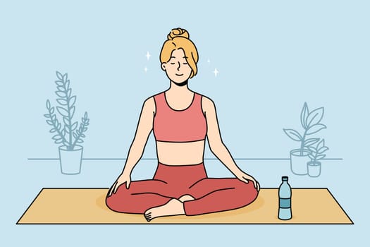 Calm young woman in sportswear sitting on mat practicing yoga at home. Smiling relaxed girl meditating indoors. Meditation and stress relief. Vector illustration.