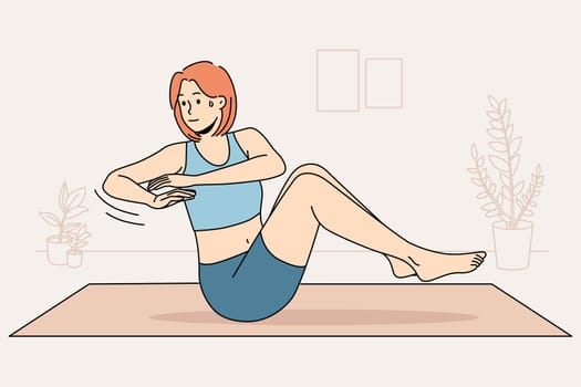 Young woman sweating doing exercises training on mat at home. Sportive motivated girl do sport workout indoors. Physical activity. Vector Illustration.