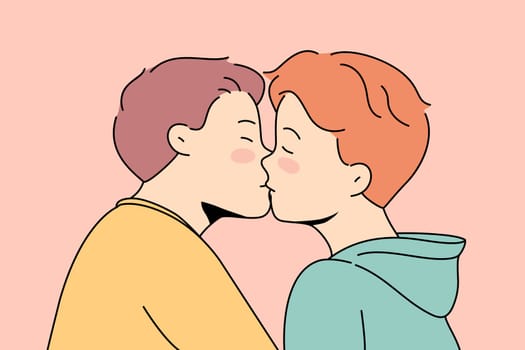 Gay couple kissing showing love and affection. Homosexual men demonstrate relationships. LGBT community, freedom of rights. Vector illustration.