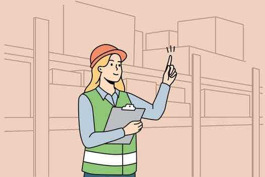 Woman engineer in uniform working at warehouse. Female employee in helmet busy at depot or storehouse. Vector illustration.