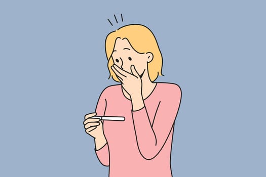 Stunned woman looking at test get to know about pregnancy. Surprised woman shocked with pregnancy news. Vector illustration.