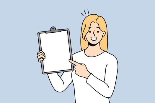 Smiling businesswoman showing folder with white mockup paper. Happy woman employee demonstrate paperwork completed task at workplace. Vector illustration.