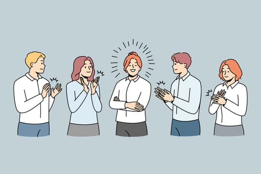 Happy colleague applaud greeting successful businesswoman with personal work achievement. Smiling employees clap hands show acknowledgement to female leader. Vector illustration.