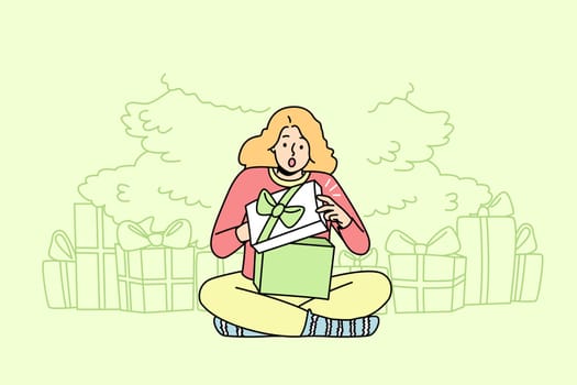Happy child sitting near fir-tree open presents on Christmas Eve. Smiling kid feel joyful unpacking gift boxes for New Year. Winter holidays. Vector illustration.
