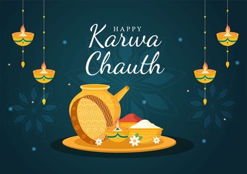 Karwa Chauth Festival Hand Drawn Flat Cartoon Illustration to Start the New Moon by Seeing the Moonrise in November From Wives for Their Husbands