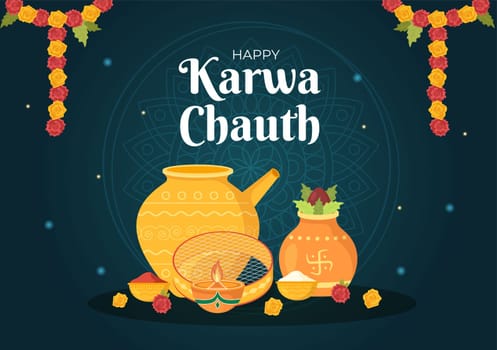 Karwa Chauth Festival Hand Drawn Flat Cartoon Illustration to Start the New Moon by Seeing the Moonrise in November From Wives for Their Husbands