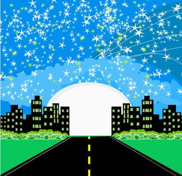Highway to city with large moon