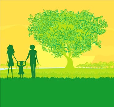 Happy family walks on nature, sunset