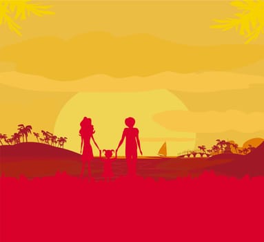 Family silhouette over tropical background