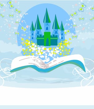 Magic world of tales, fairy castle appearing from the book