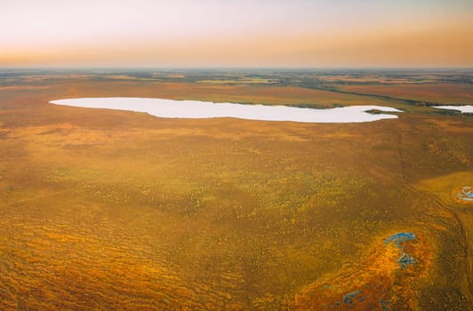 Miory District, Vitebsk Region, Belarus. The Yelnya Swamp. Upland And Transitional Bogs With Numerous Lakes. Elevated Aerial View Of Yelnya Nature Reserve Landscape. Famous Natural Landmark.