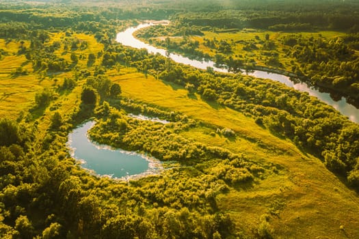 Belarus. Elevated View Of Small Bog Marsh Swamp Wetland, River And Green Forest Landscape In Sunny Summer Day. Attitude View. Forest In Bird's Eye View.