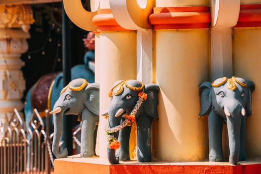 Mapusa, Goa, India. Elephant Statue Near The Shree Ganesh Mandir, Ganeshpuri Temple. Famous Landmark And Popular Destination.
