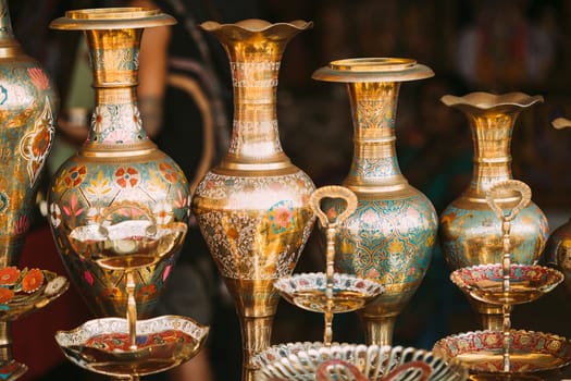 Goa, India. Indian Eastern Jugs On Local Goa Market. Popular Souvenirs From India. Market Of Antiques Old Retro Vintage Things.