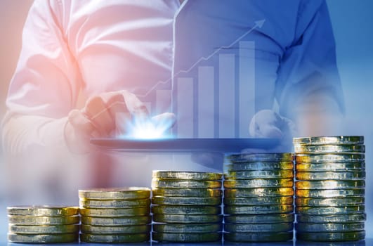 Duoble exposure, Investor online saving concept, Online Investment Savings, Internet Financial Transactions, Save Monney for Investors Using Internet to Trade Stocks or Trade Fund