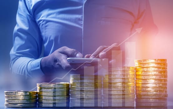 Duoble exposure, Investor online saving concept, Online Investment Savings, Internet Financial Transactions, Save Monney for Investors Using Internet to Trade Stocks or Trade Fund
