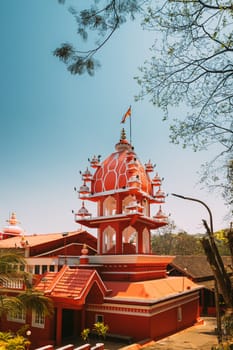 Panaji, Goa, India. Lamp Tower Of The Hindu Maruti Temple Or Hanuman Temple Is Located In Panjim. Built In Honor Of The God Of Monkeys Haruman. Famous Landmark And Heritage. Popular Destination.