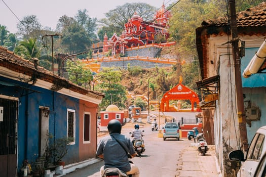 Panaji, Goa, India. Traffic on road to The Hindu Maruti Temple Or Hanuman Temple Is Located In Panjim. Built In Honor Of The God Of Monkeys Haruman. Famous Landmark And Heritage. Popular Destination.