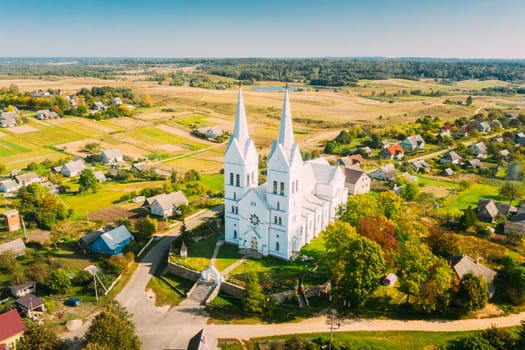 Slobodka, Braslaw District, Vitebsk Voblast, Belarus. Aerial View Of Slobodka Village. Church of Divine Providence.