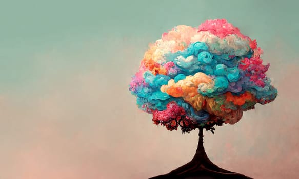 Colorful dreamlike tree with copy space, cloud in rainbow colors, abstract landscape, optimism concept