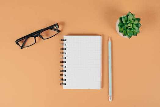 Empty notebook with a pen, eyeglasses and a cactus on a orange brown background, brainstorming for new ideas, writing a message, taking a break, home office desk