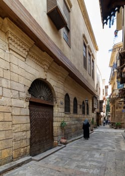 Cairo, Egypt- November 19 2016: Darb Asfour Lane with facade of Bayt Al-Suhaymi old historic house located in Gamalia district, Medieval Cairo