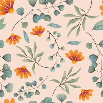 Eucalyptus and flower seamless watercolor pattern illustration on light orange background